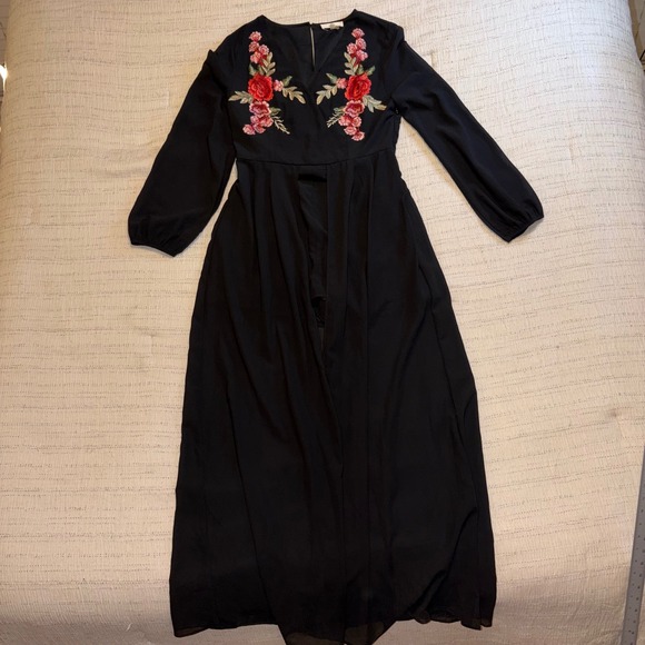 entro Pants - Entro Black Floral Embroidered Maxi Romper Dress Long Sleeve Rose Boho‎ Large
